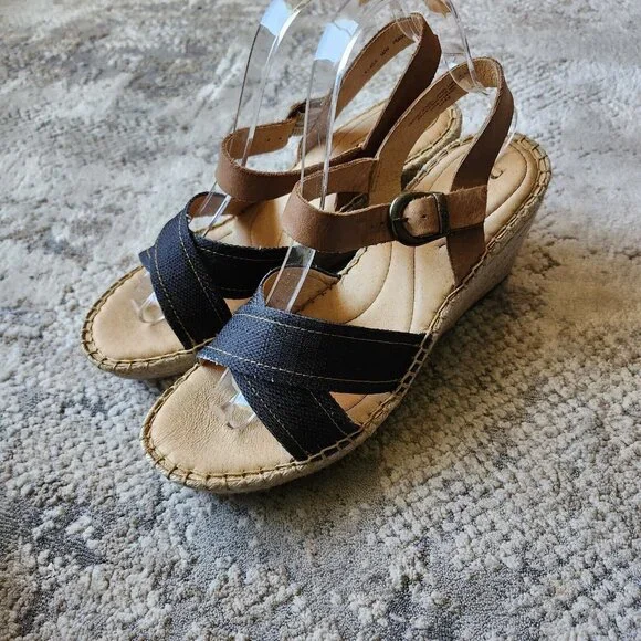 Born Wedge Sandals Women's 9 Blue Fabric Tan Leather Comfort Espadrille Platform - Picture 3 of 9